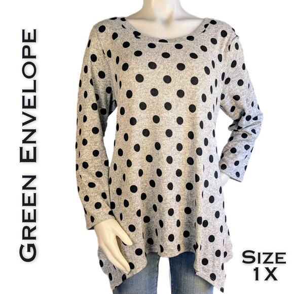 Green Envelope Long Sleeve Top 1X Black Gray Polka Dot Heather Stretch High Low - Picture 1 of 8